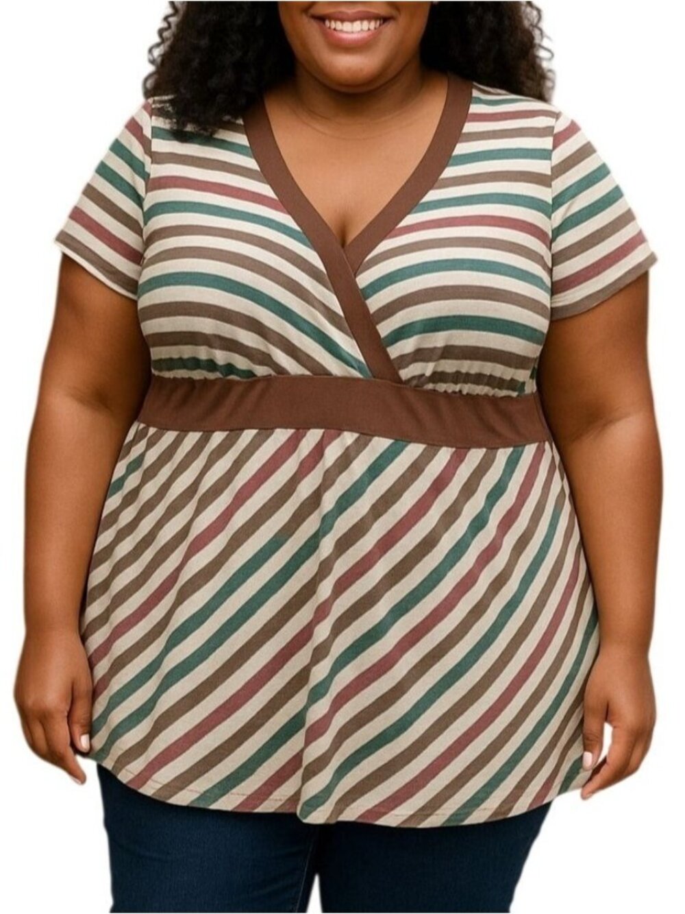 One Clothing Plus Size 3X Top Striped Short Sleeve Tunic Brown/Multicolor Comfy